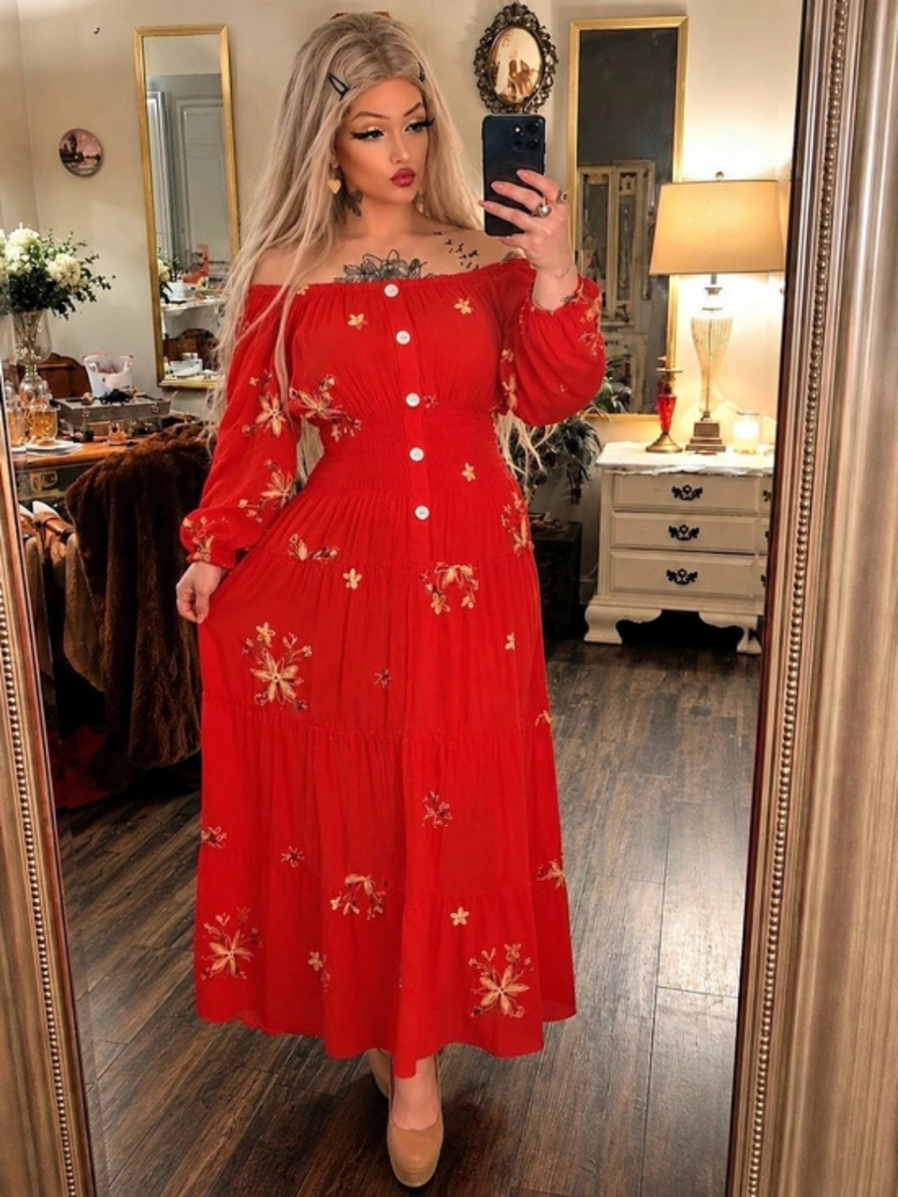 Fig & Flower Red Embroidered Maxi Dress Size L Boho Floral Button Front